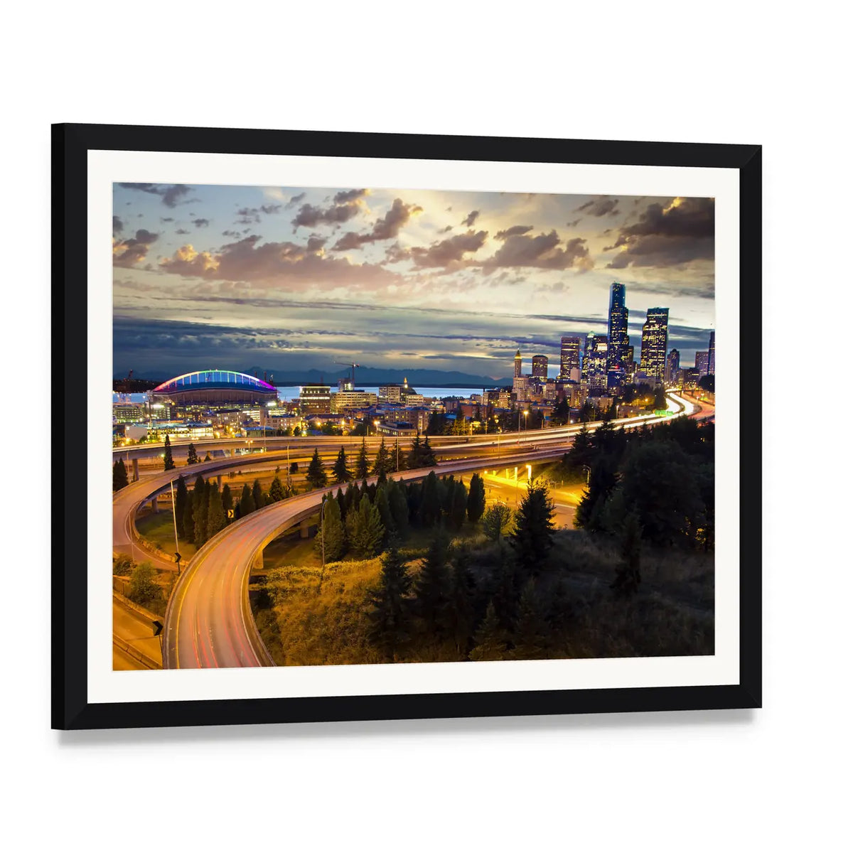 Seattle Night Skyline Canvas Wall Art, framed print with white mat and black frame, angled product view