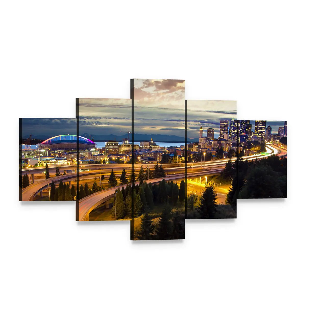 Seattle Night Skyline Canvas Wall Art, 5 panel 5 Star layout gallery wrapped canvas set, angled product view