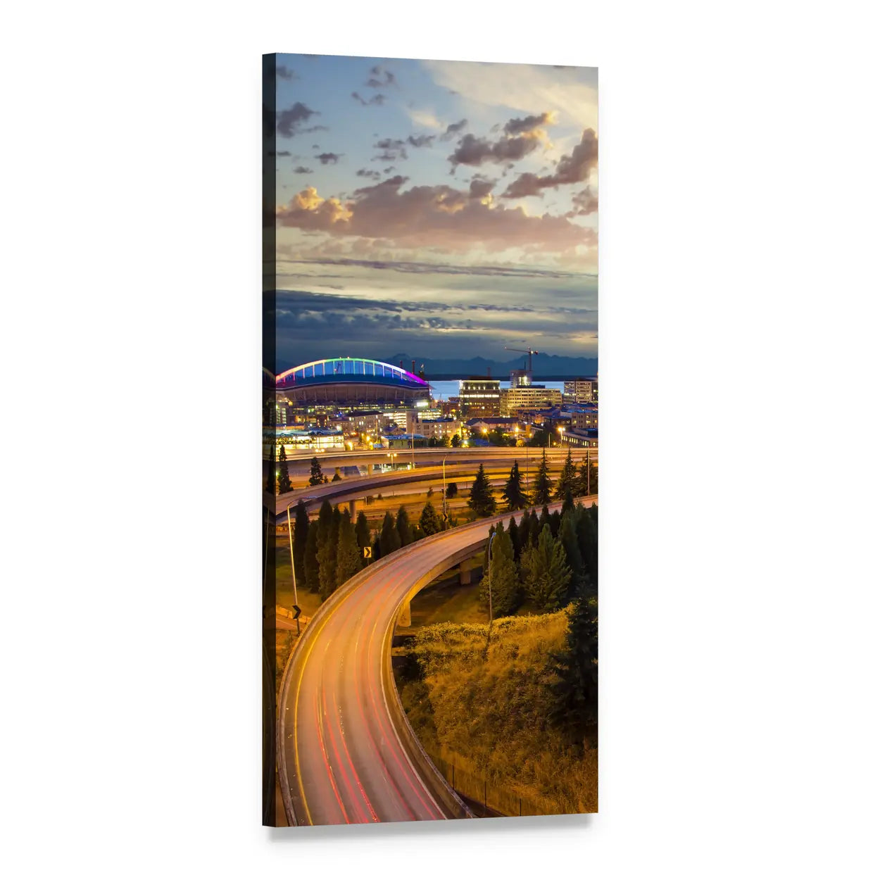 Seattle Night Skyline with Light Trails Vertical Canvas Wall Art, 1 panel 1 Vertical layout gallery wrapped canvas set, angled product view