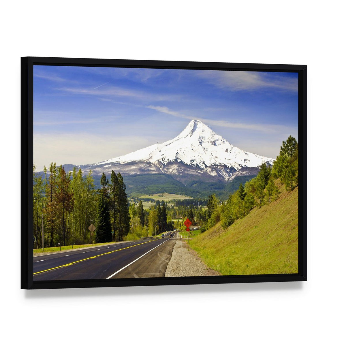 Mt Hood from Hood River Canvas Wall Art, framed canvas in a black floater frame, angled product view