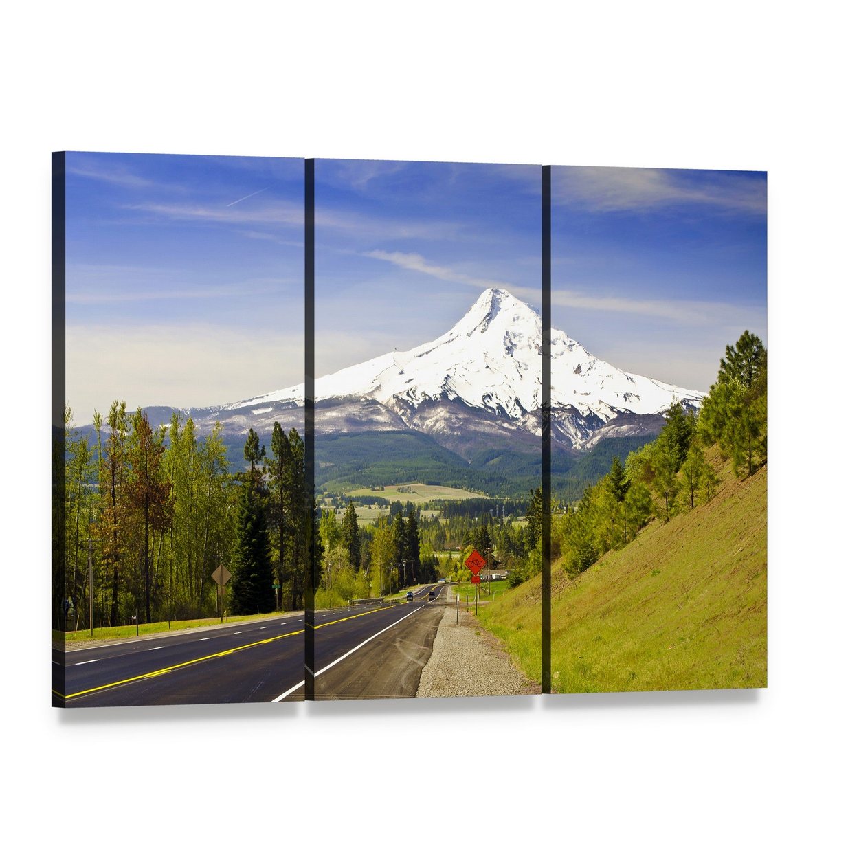 Mt Hood from Hood River Canvas Wall Art, 3 panel 3 Horizontal layout gallery wrapped canvas set, angled product view