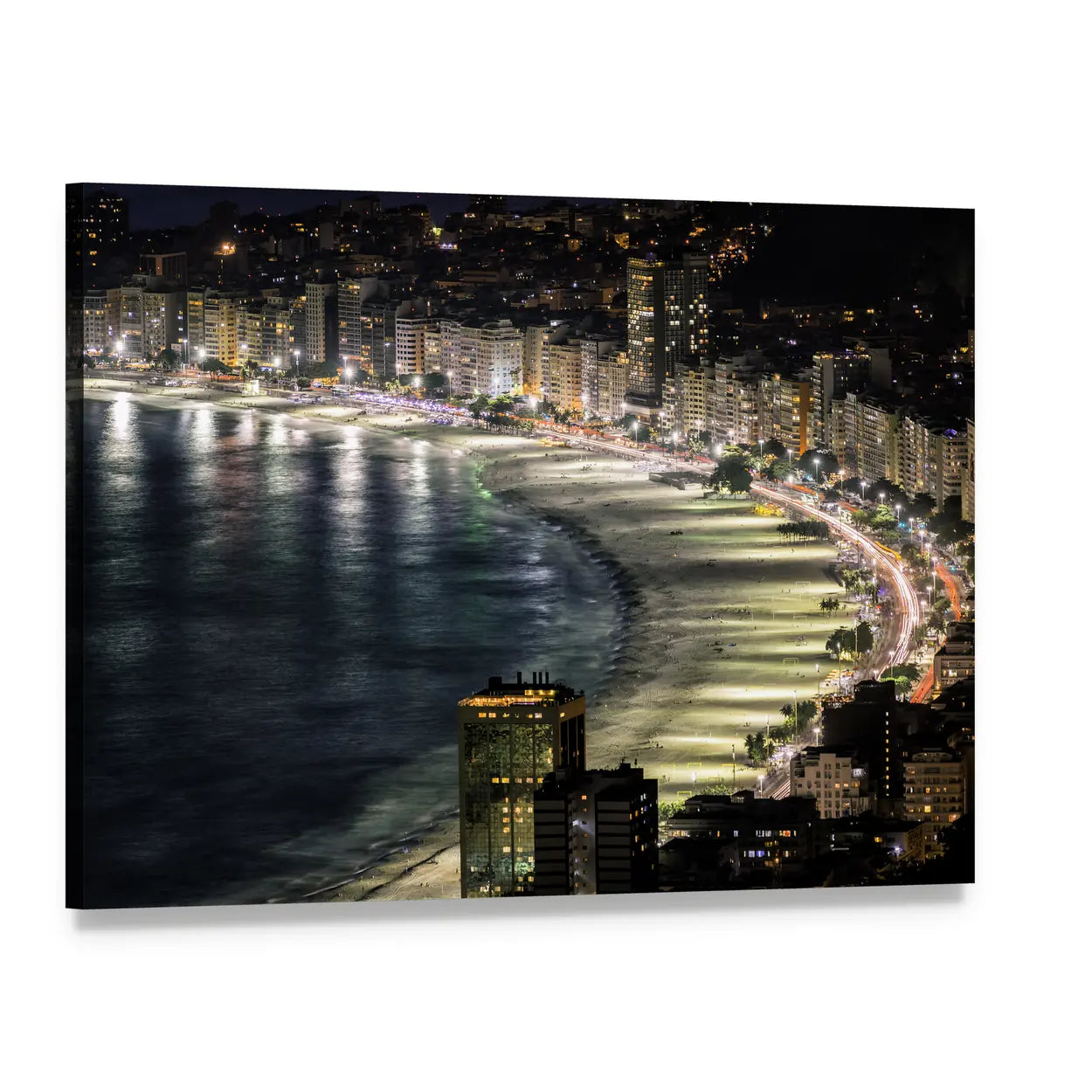 Copacabana Beach at Night Canvas Wall Art, single panel gallery wrapped canvas, angled product view