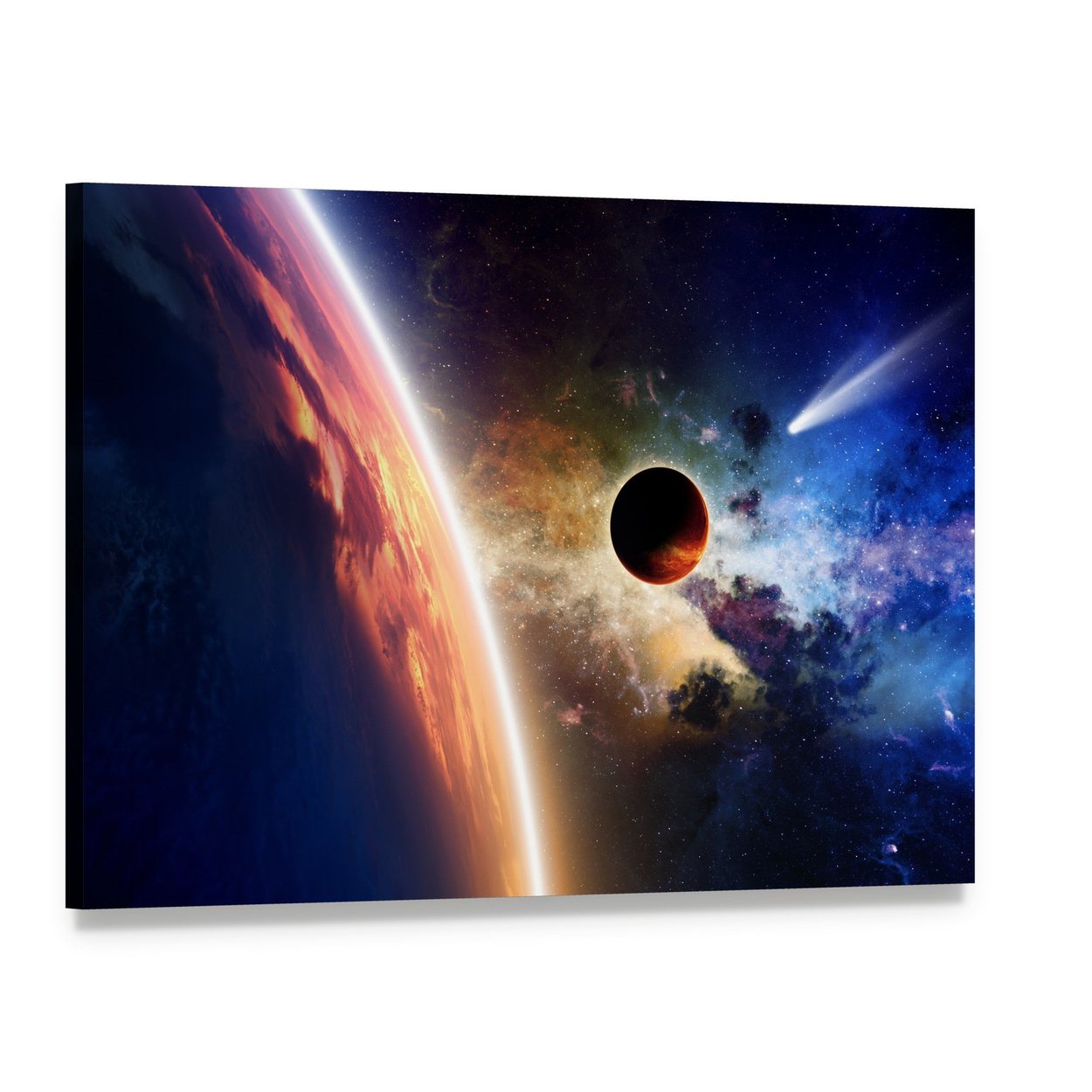 Comet & Glowing Planet Canvas Wall Art, single panel gallery wrapped canvas, angled product view