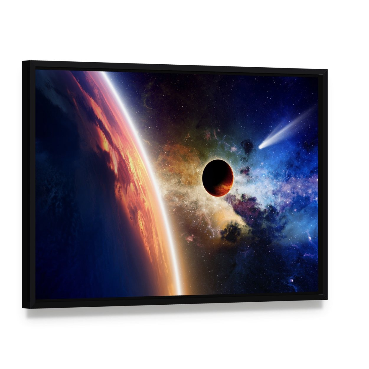 Comet & Glowing Planet Canvas Wall Art, framed canvas in a black floater frame, angled product view