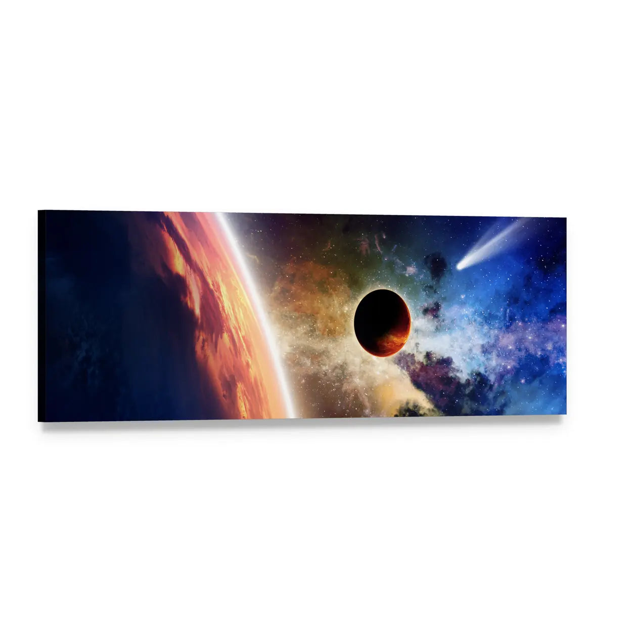 Comet and Glowing Planet Panoramic Canvas Wall Art, single panel gallery wrapped canvas, angled product view