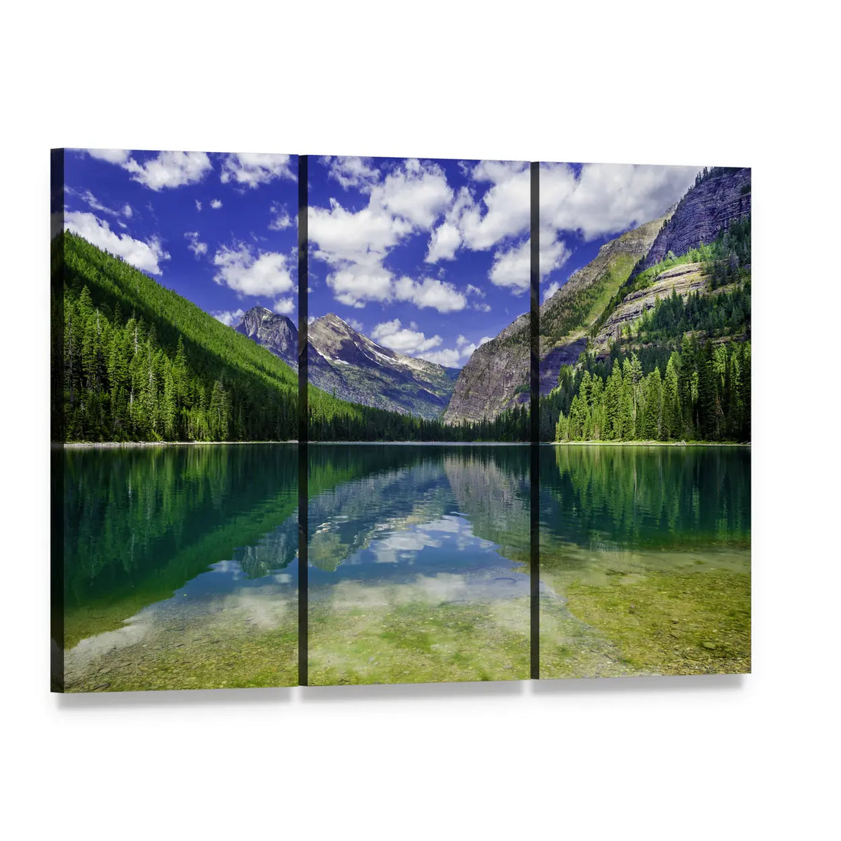Avalanche Lake in Montana Canvas Wall Art, 3 panel 3 Horizontal layout gallery wrapped canvas set, angled product view