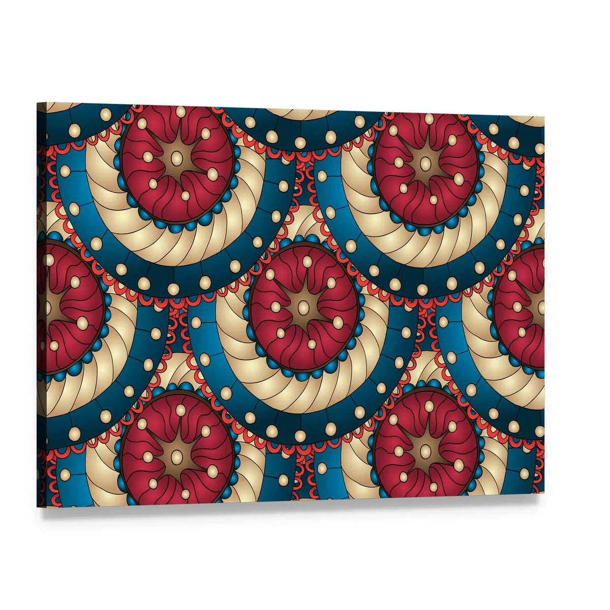 Blue and Gold Mandala Medallions Canvas Wall Art, single panel gallery wrapped canvas, angled product view