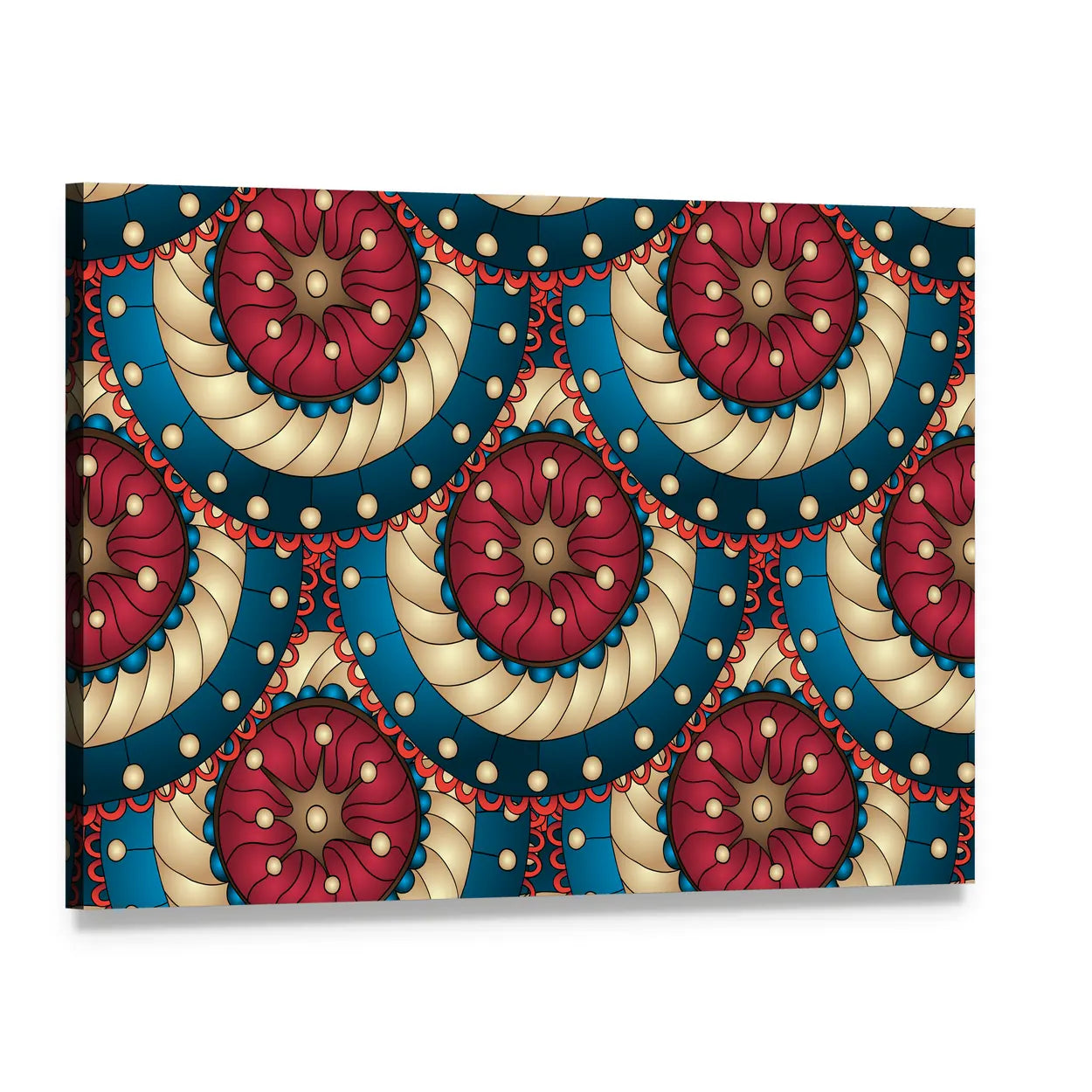 Blue and Gold Mandala Medallions Canvas Wall Art, single panel gallery wrapped canvas, angled product view