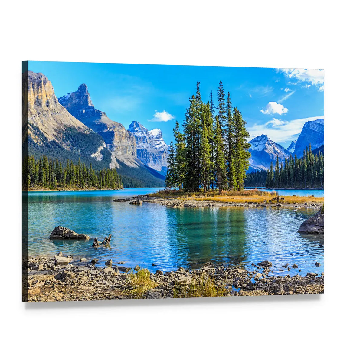 Spirit Island at Maligne Lake Canvas Wall Art, single panel gallery wrapped canvas, angled product view
