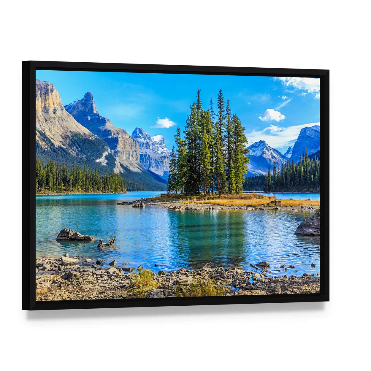 Spirit Island at Maligne Lake Canvas Wall Art, framed canvas in a black floater frame, angled product view