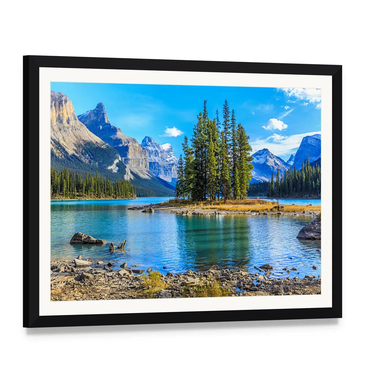 Spirit Island at Maligne Lake Canvas Wall Art, framed print with white mat and black frame, angled product view