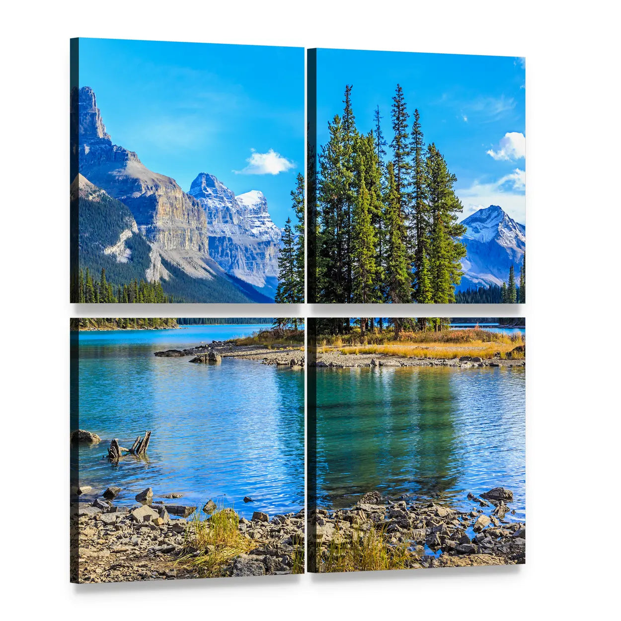 Spirit Island at Maligne Lake Canvas Wall Art, 4 panel 4 Square layout gallery wrapped canvas set, angled product view