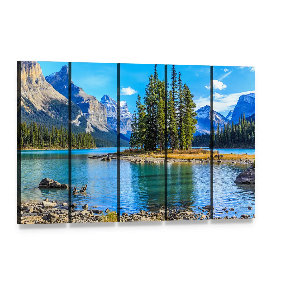 Spirit Island at Maligne Lake Canvas Wall Art, 5 panel 5 Horizontal layout gallery wrapped canvas set, angled product view
