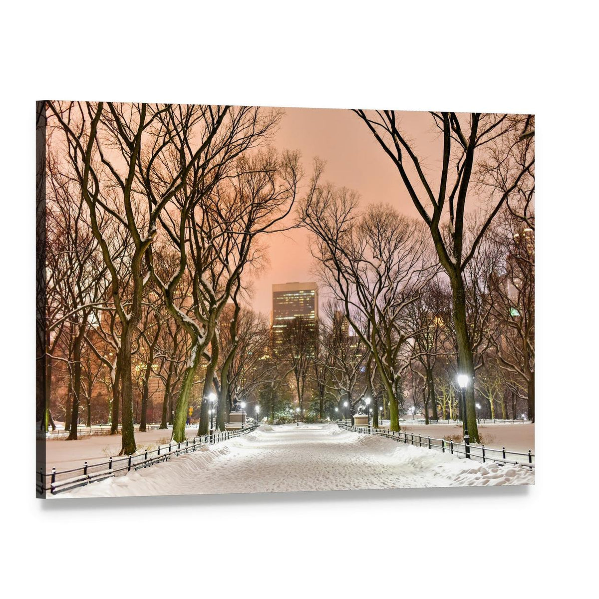 Snowy Central Park Path at Night Canvas Wall Art, single panel gallery wrapped canvas, angled product view