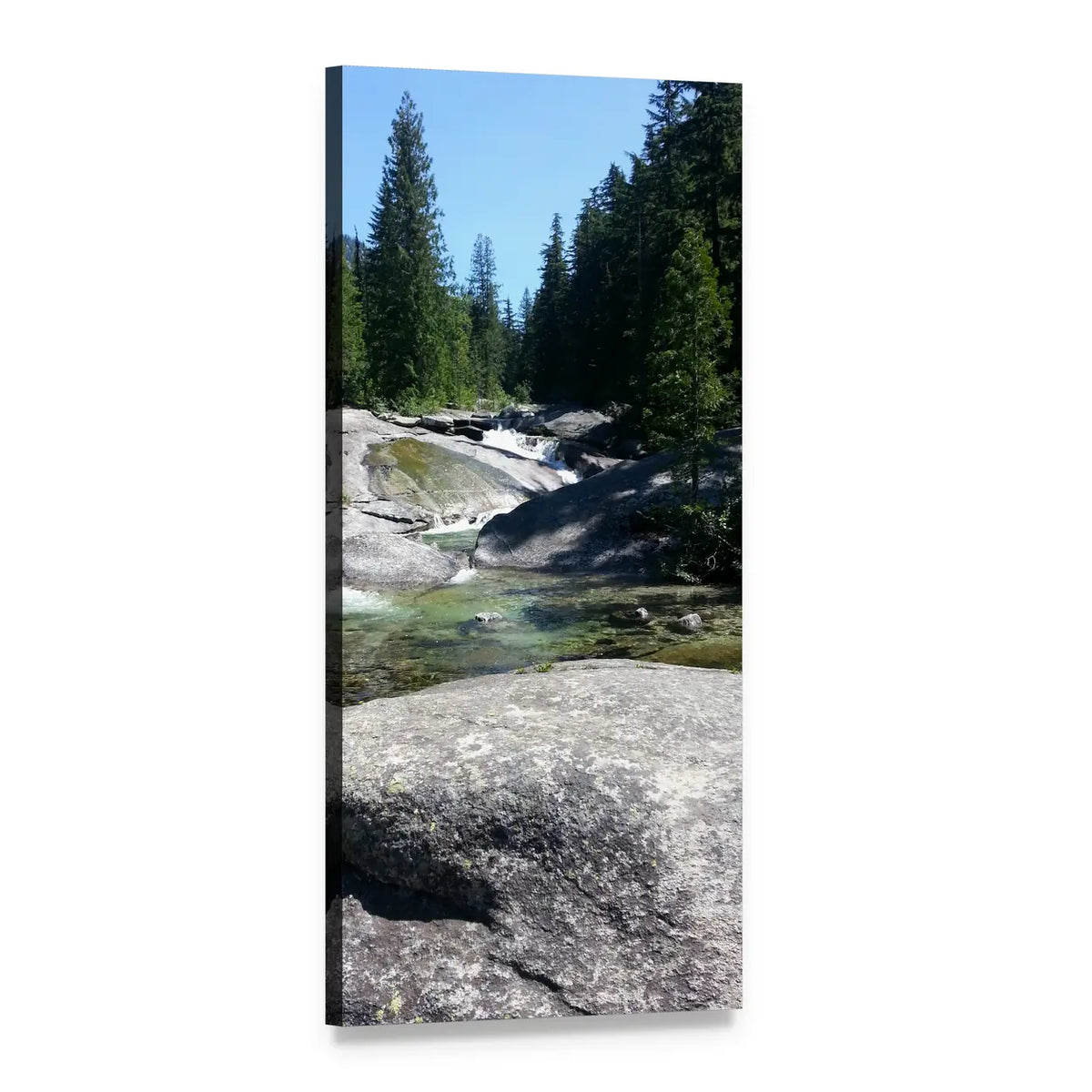 Clear Water Creek Over Grey Rocks Vertical Canvas Wall Art, 1 panel 1 Vertical layout gallery wrapped canvas set, angled product view