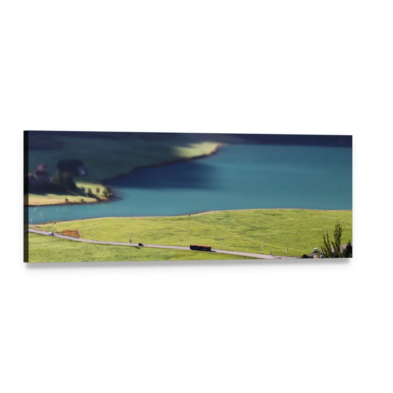 Lake Silvaplana Landscape Panoramic Canvas Wall Art, single panel gallery wrapped canvas, angled product view