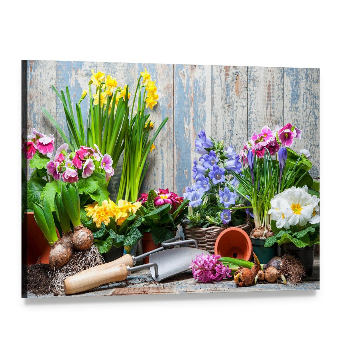 Gardener Planting Spring Flowers Canvas Wall Art, single panel gallery wrapped canvas, angled product view