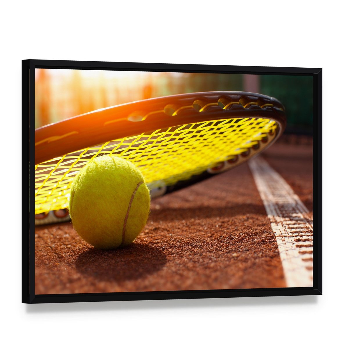 Tennis Ball on a Court Canvas Wall Art, framed canvas in a black floater frame, angled product view