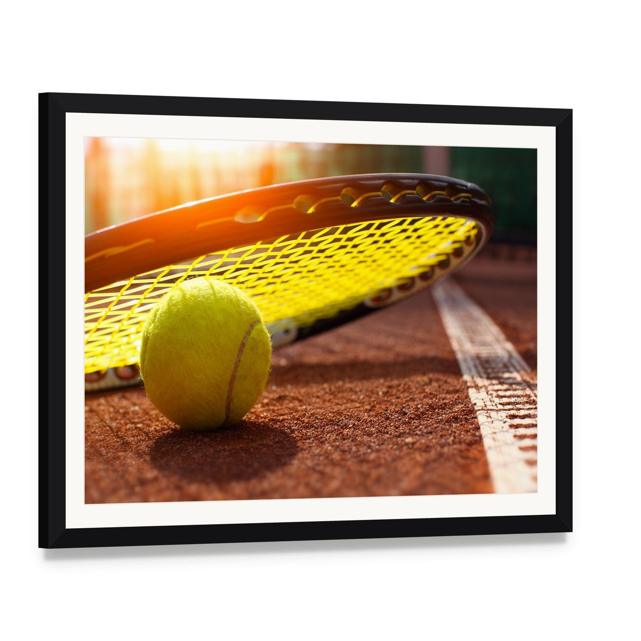 Tennis Ball on a Court Canvas Wall Art, framed print with white mat and black frame, angled product view