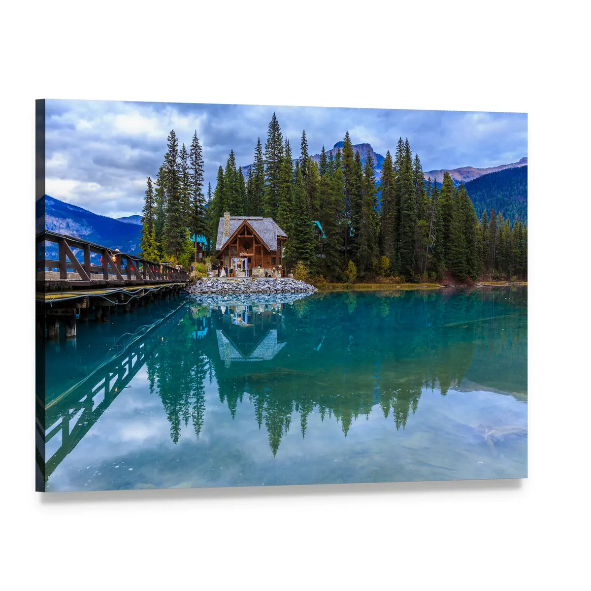 Emerald Lake Cabin with Wooden Walkway Canvas Wall Art, single panel gallery wrapped canvas, angled product view