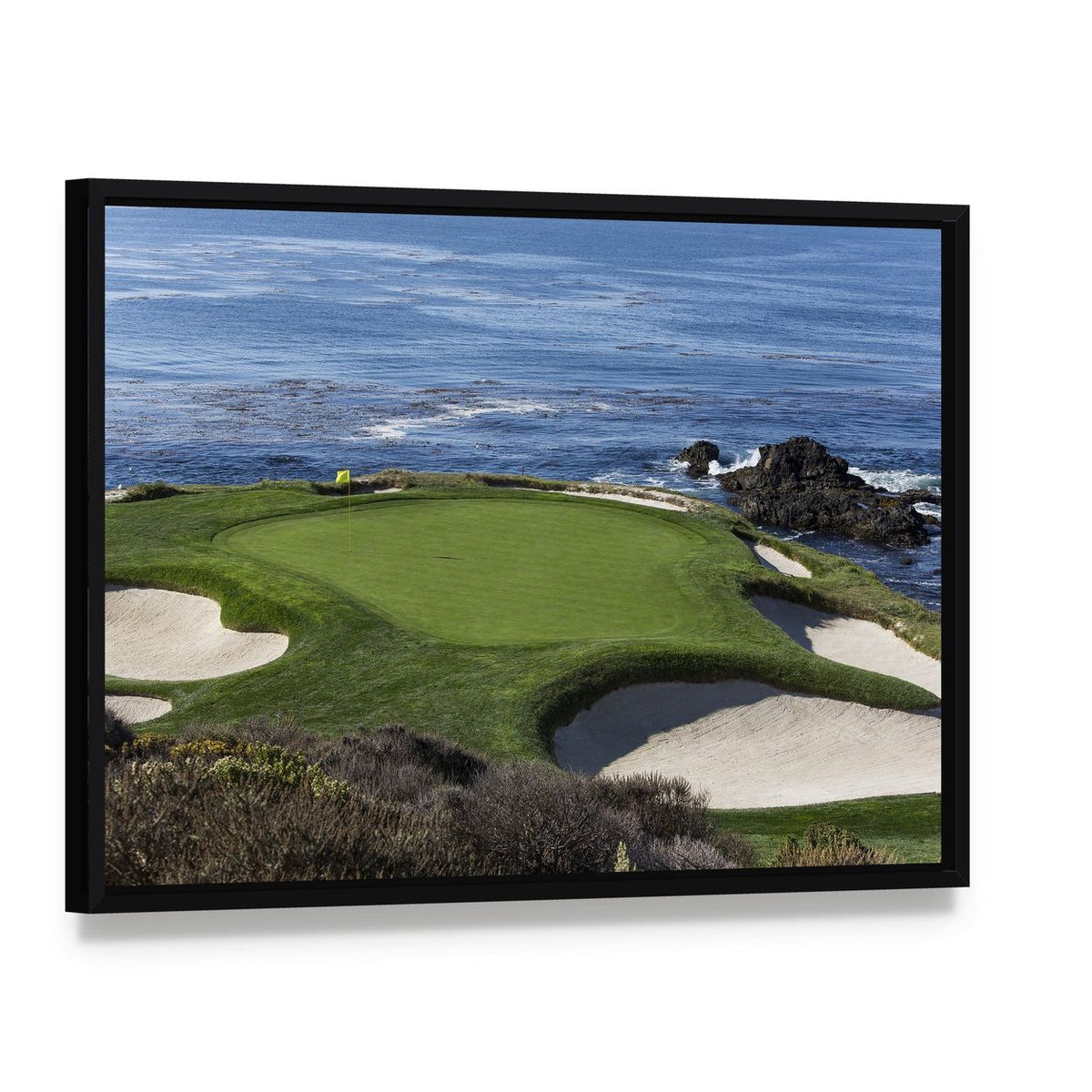 Pebble Beach Golf Course Artwork Canvas Wall Art, framed canvas in a black floater frame, angled product view