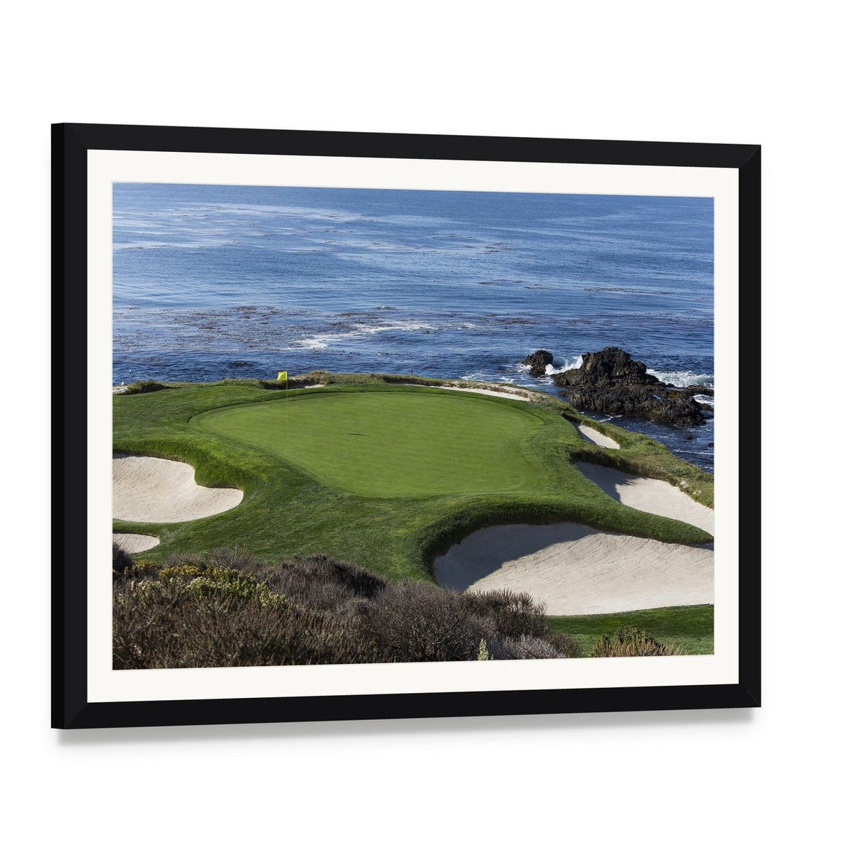 Pebble Beach Golf Course Artwork Canvas Wall Art, framed print with white mat and black frame, angled product view