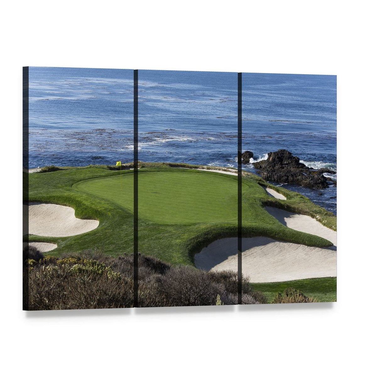 Pebble Beach Golf Course Artwork Canvas Wall Art, 3 panel 3 Horizontal layout gallery wrapped canvas set, angled product view