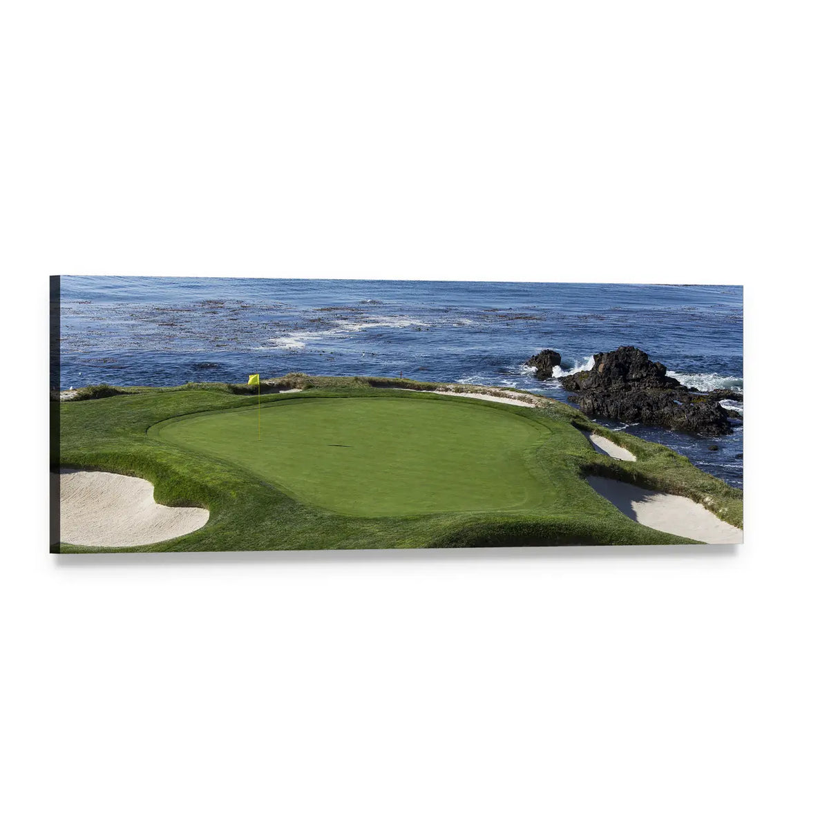 Pebble Beach Golf Green Over Coastal Cliffs Panoramic Canvas Wall Art, single panel gallery wrapped canvas, angled product view
