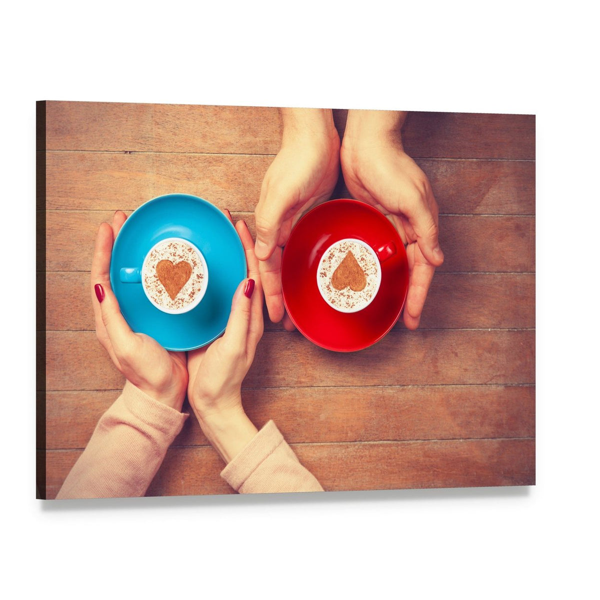 Couple Holding Coffee Cups Canvas Wall Art, single panel gallery wrapped canvas, angled product view