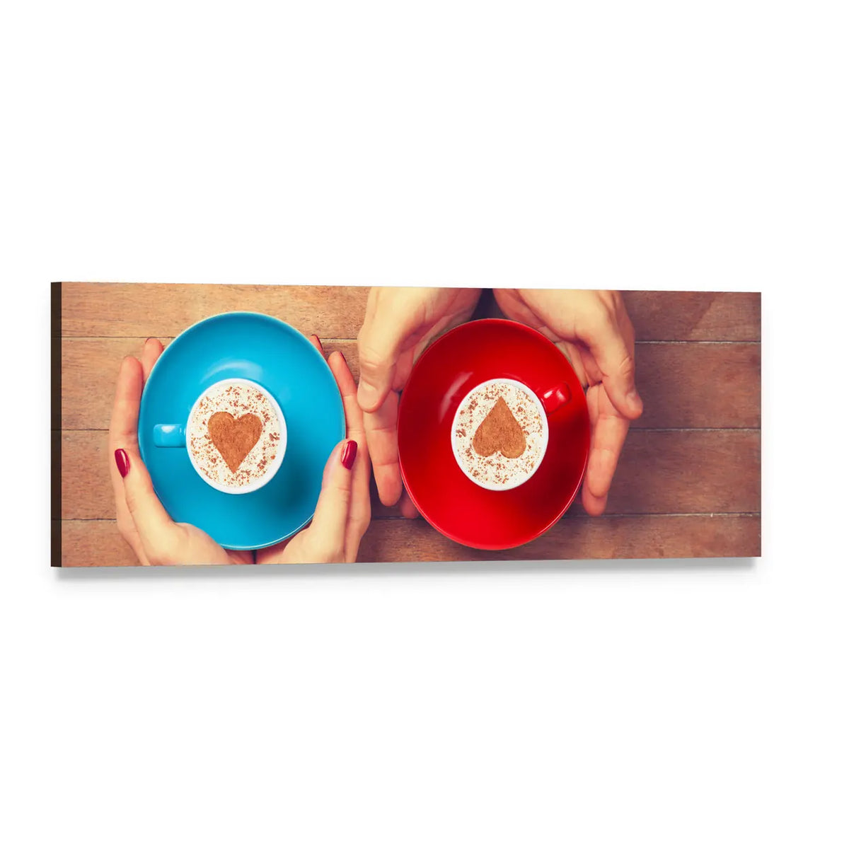 Hands Holding Coffee Cups with Heart Foam Panoramic Canvas Wall Art, single panel gallery wrapped canvas, angled product view