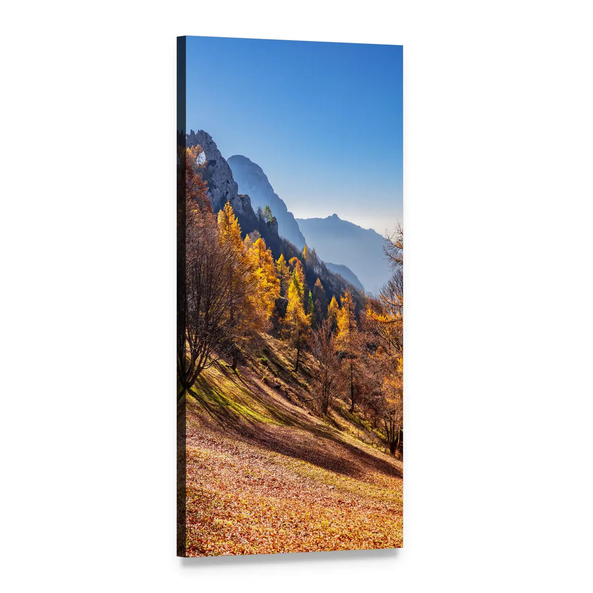 Hiking Trail Through Autumn Mountain Forest Vertical Canvas Wall Art, 1 panel 1 Vertical layout gallery wrapped canvas set, angled product view