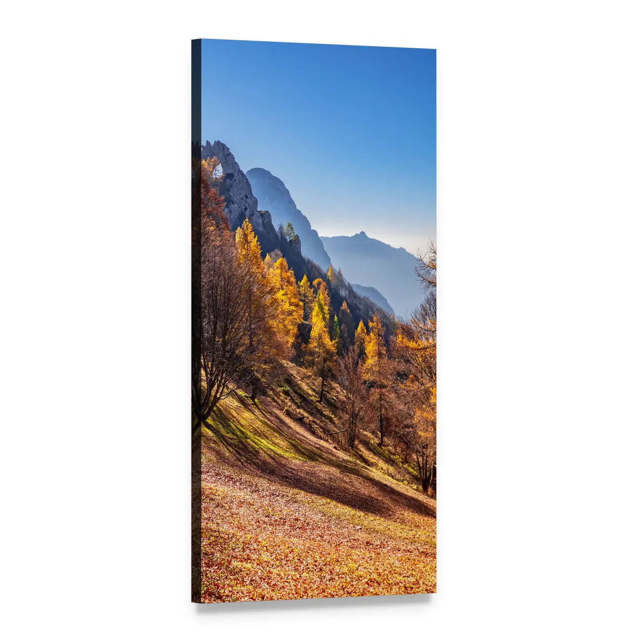 Hiking Trail Through Autumn Mountain Forest Vertical Canvas Wall Art, 1 panel 1 Vertical layout gallery wrapped canvas set, angled product view
