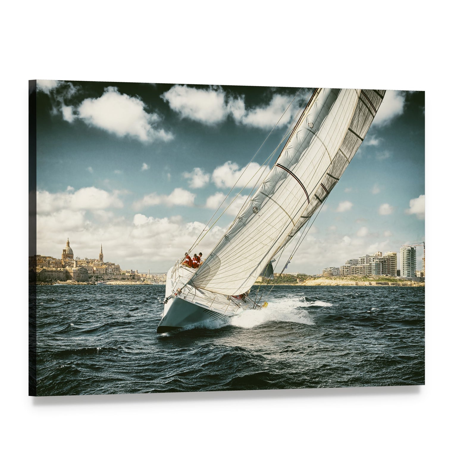 Yacht Illustration in Coastal Area Canvas Wall Art, single panel gallery wrapped canvas, angled product view