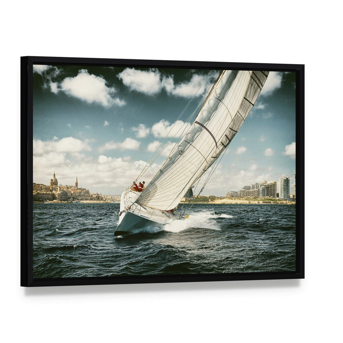 Yacht Illustration in Coastal Area Canvas Wall Art, framed canvas in a black floater frame, angled product view