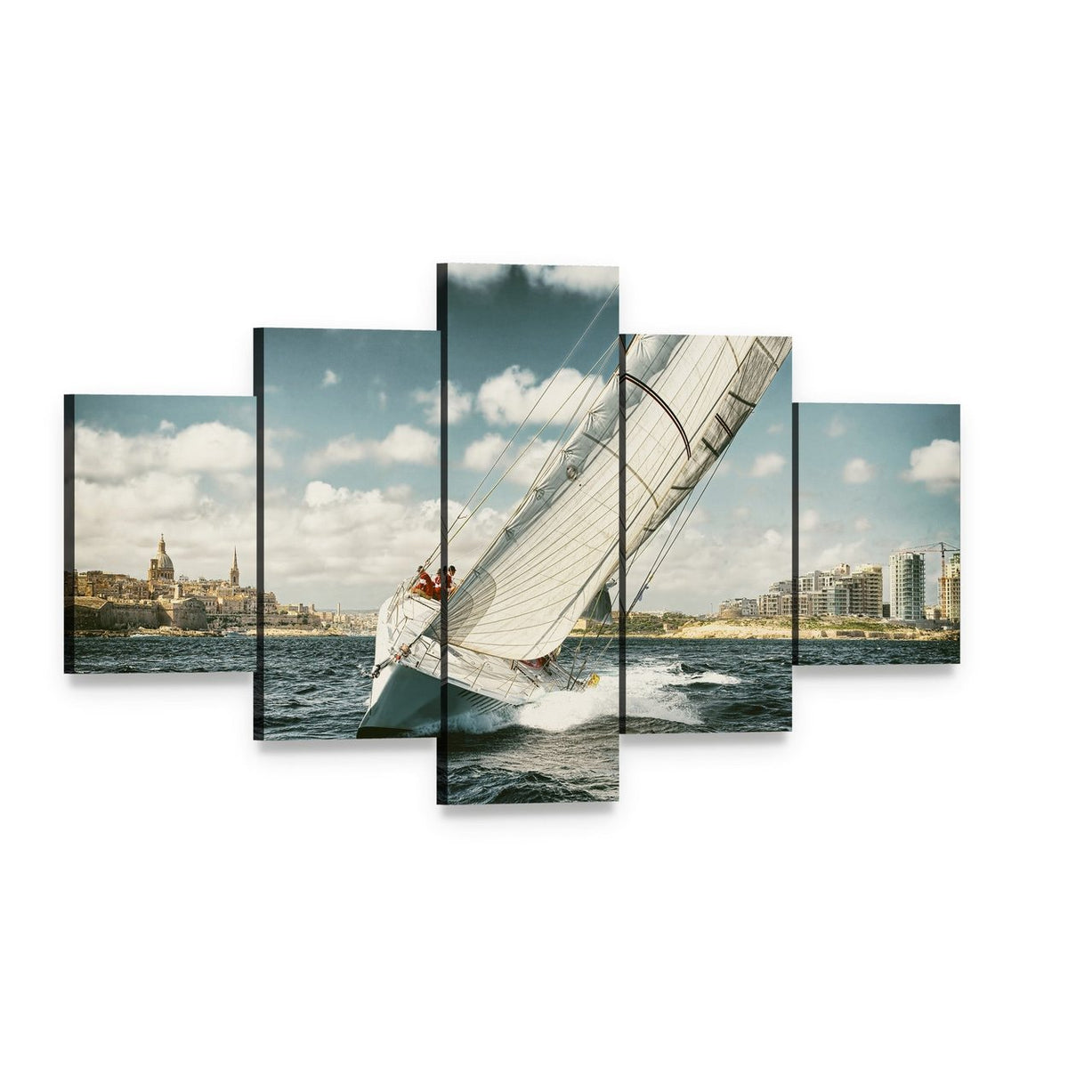Yacht Illustration in Coastal Area Canvas Wall Art, 5 panel 5 Star layout gallery wrapped canvas set, angled product view