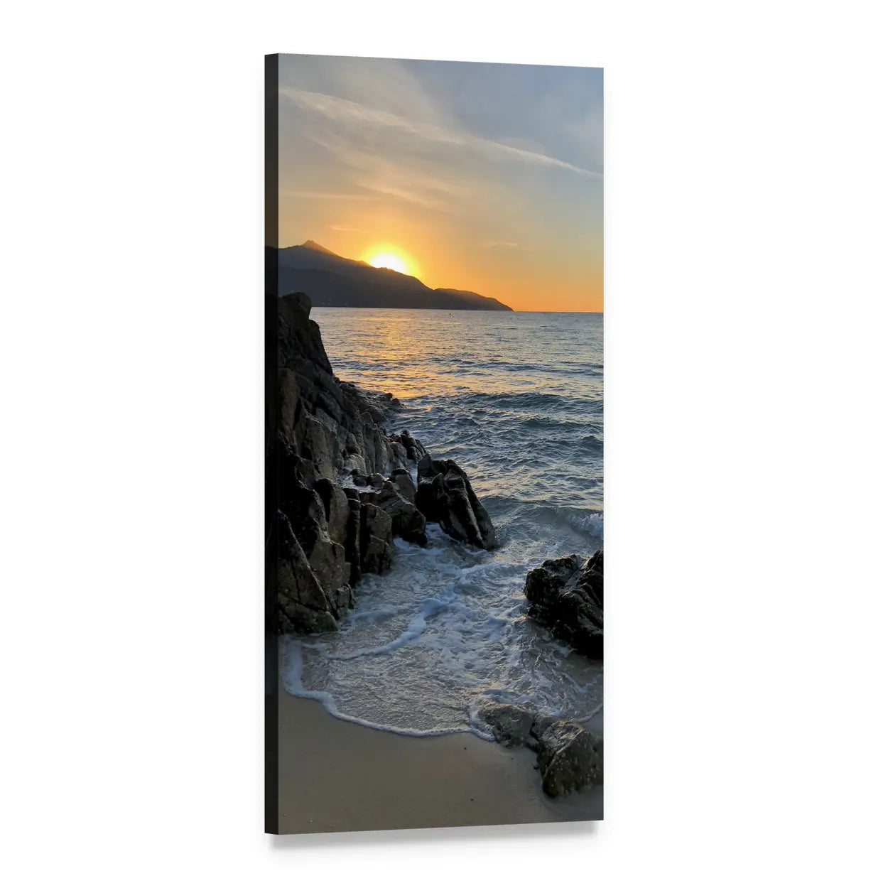 Golden Sunset Over Rocky Coastline Vertical Canvas Wall Art, 1 panel 1 Vertical layout gallery wrapped canvas set, angled product view