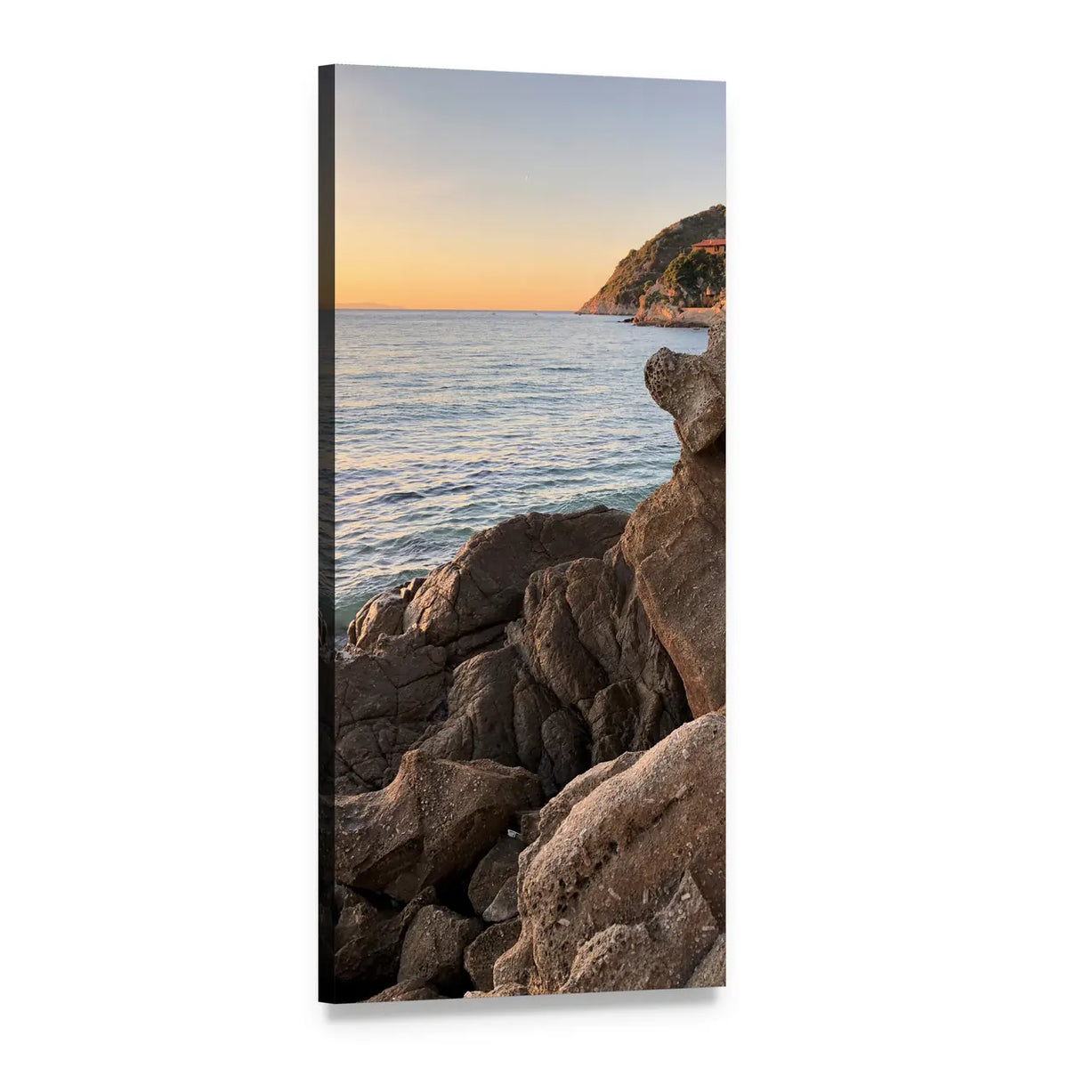 Elba Island Rocky Coast at Sunset Vertical Canvas Wall Art, 1 panel 1 Vertical layout gallery wrapped canvas set, angled product view