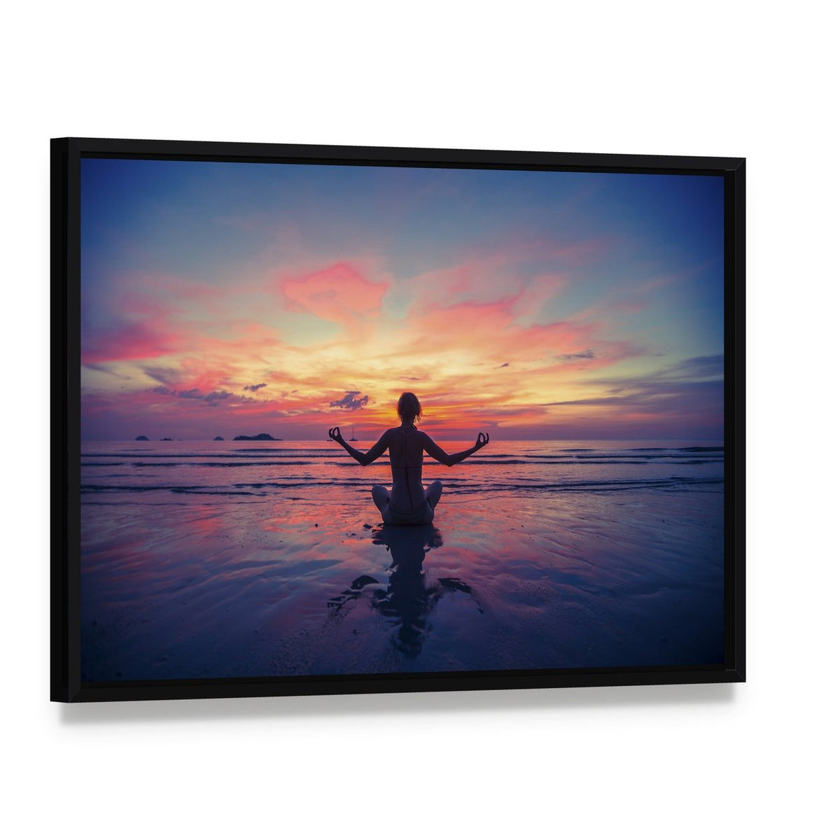 Meditation Silhouette by Ocean Sunset Canvas Wall Art, framed canvas in a black floater frame, angled product view