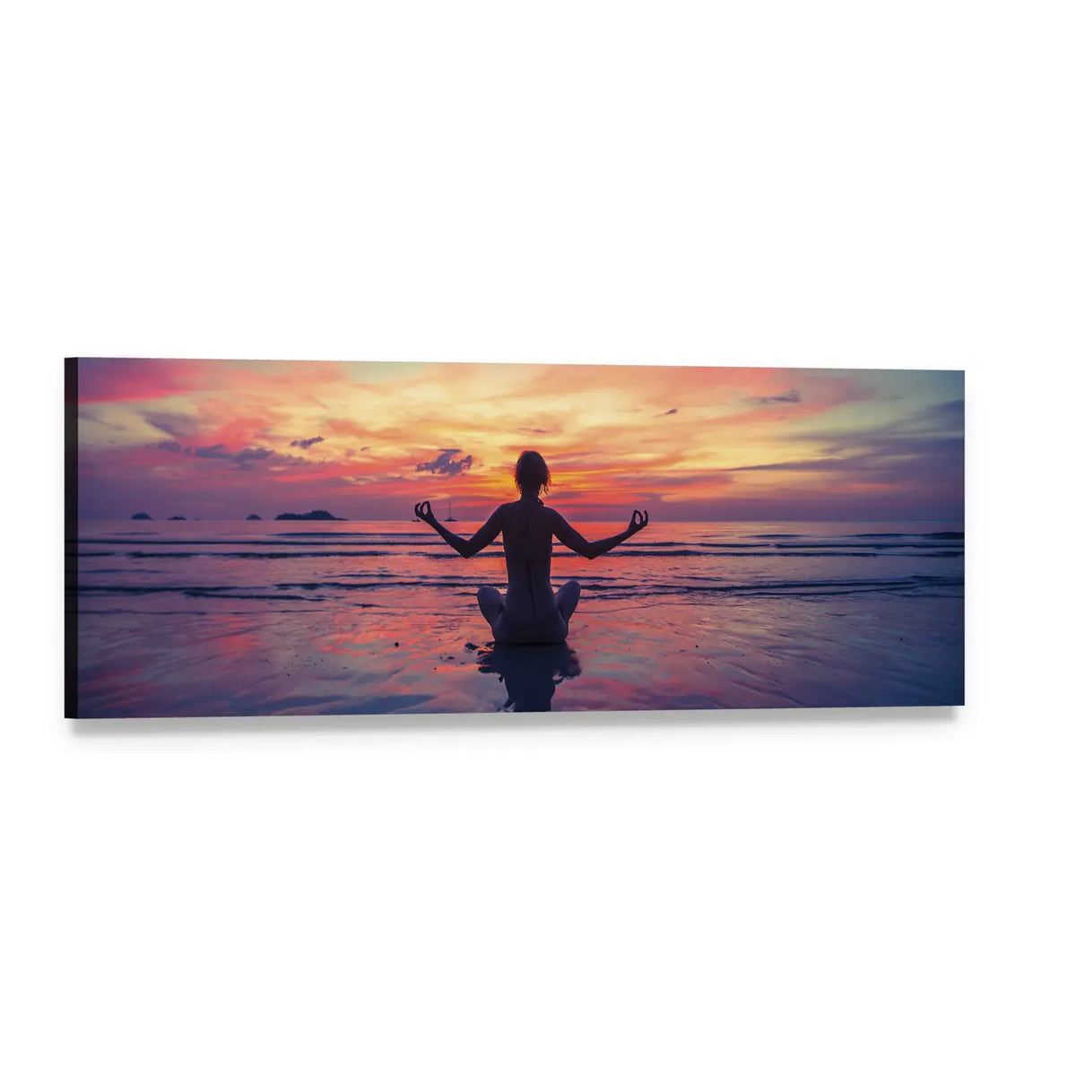 Silhouetted Woman in Lotus Pose at Sunset Panoramic Canvas Wall Art, single panel gallery wrapped canvas, angled product view