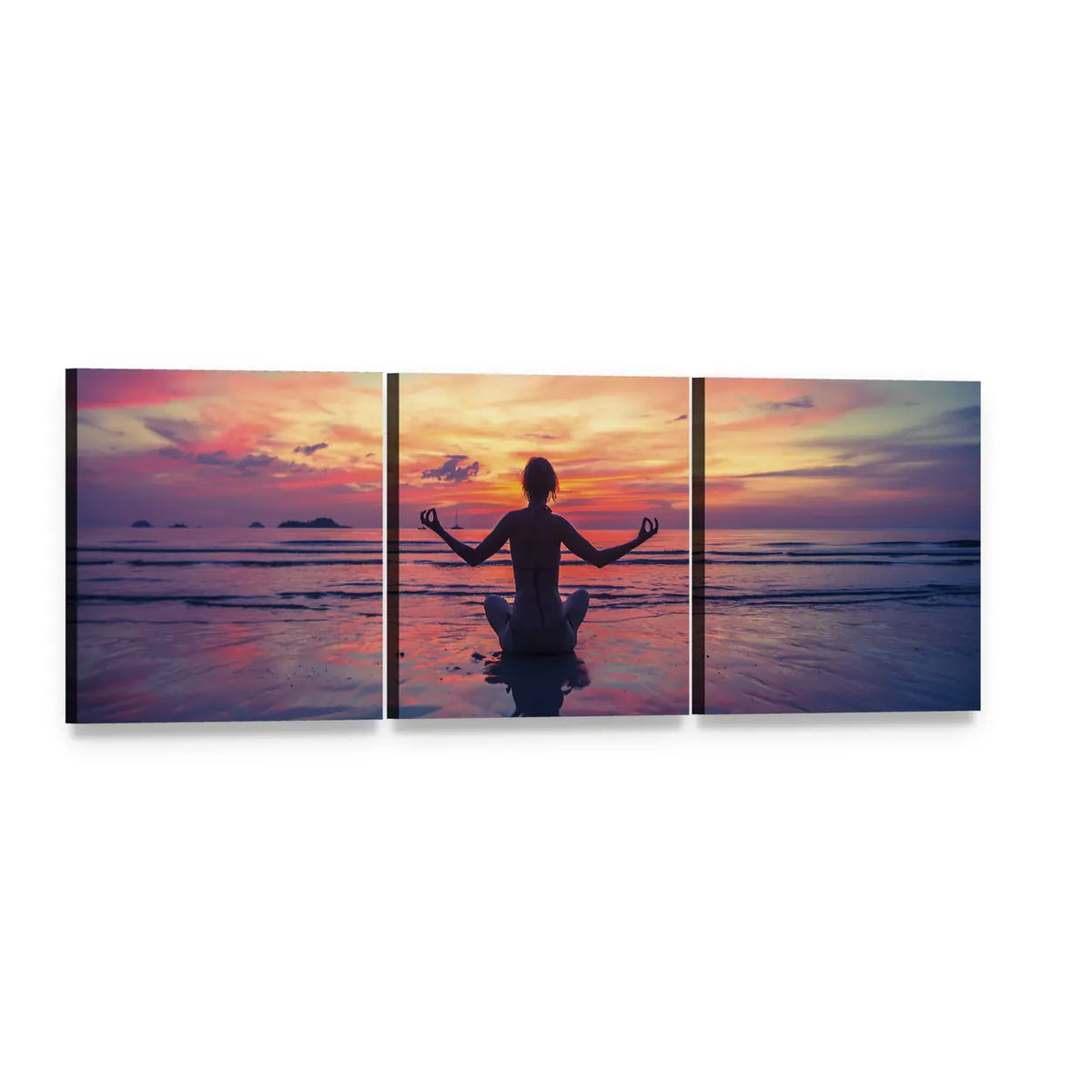 Silhouetted Woman in Lotus Pose at Sunset Panoramic Canvas Wall Art, 3 panel 3 Piece layout gallery wrapped canvas set, angled product view