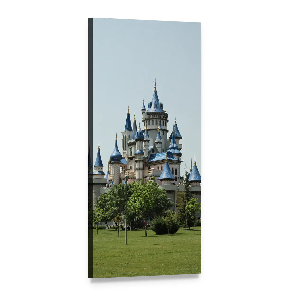 Summer Fairytale Castle with Blue Towers Vertical Canvas Wall Art, 1 panel 1 Vertical layout gallery wrapped canvas set, angled product view