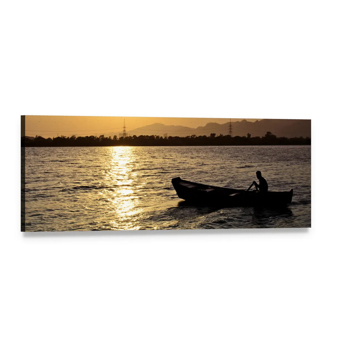 Man Rowing on Lake at Sunset Panoramic Canvas Wall Art, single panel gallery wrapped canvas, angled product view