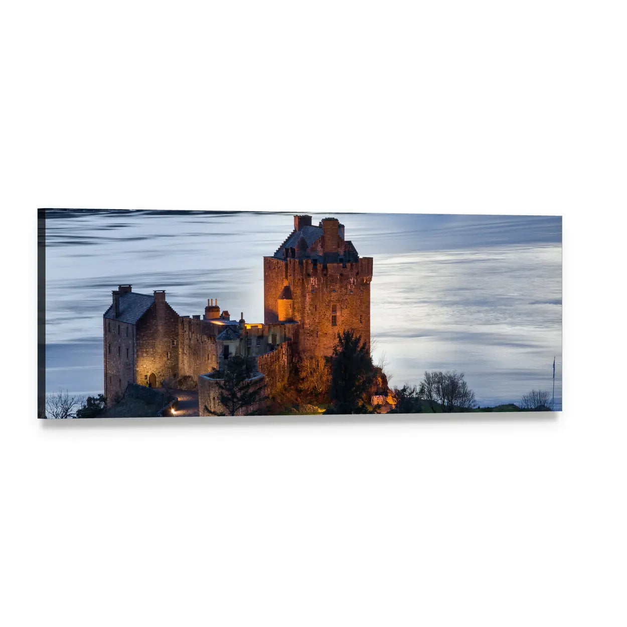 Eilean Donan Castle at Twilight Panoramic Canvas Wall Art, single panel gallery wrapped canvas, angled product view