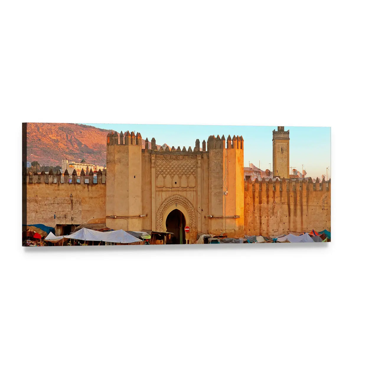 Gate of Fez Medina Panoramic Canvas Wall Art, single panel gallery wrapped canvas, angled product view