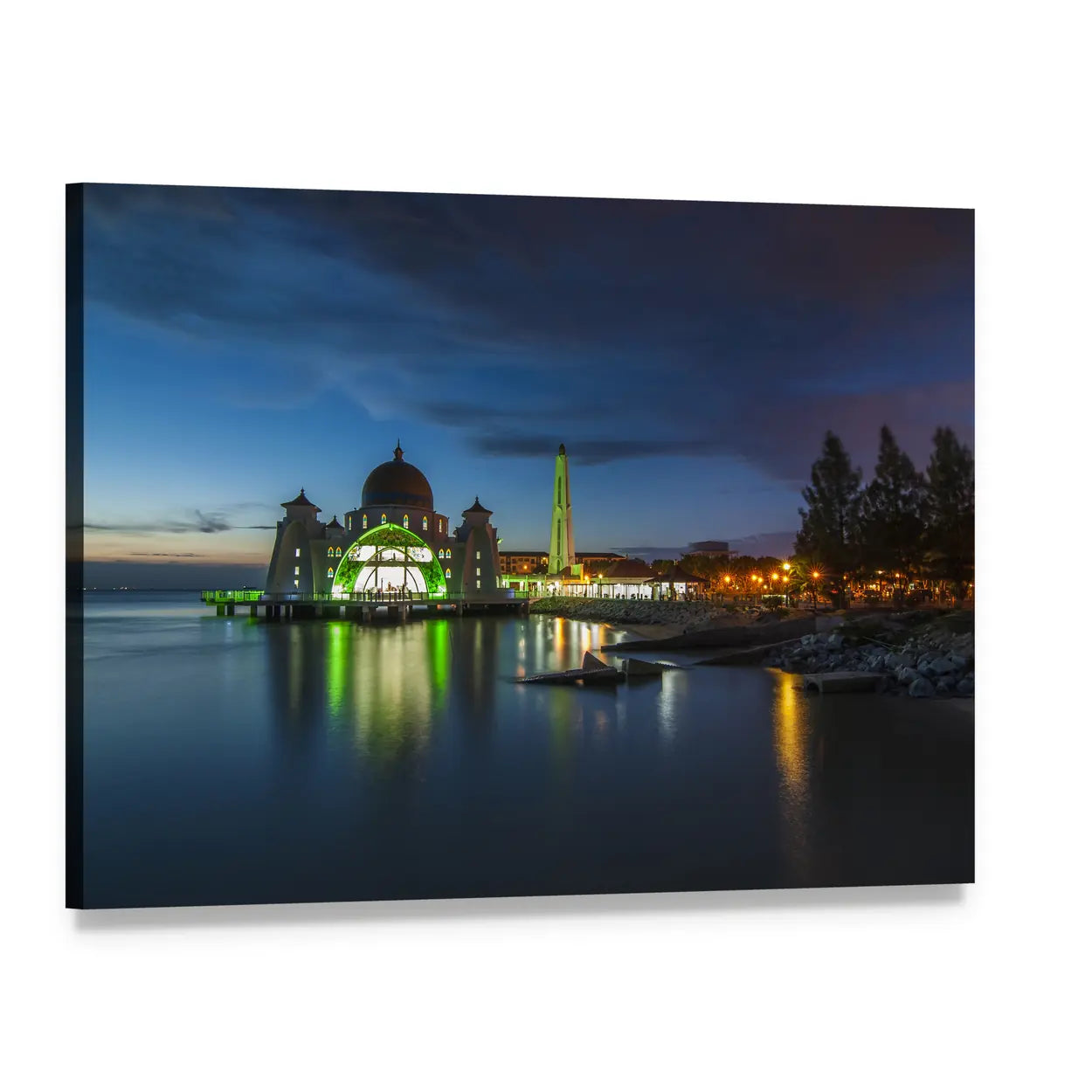 Melaka Straits Mosque at Dusk Canvas Wall Art, single panel gallery wrapped canvas, angled product view