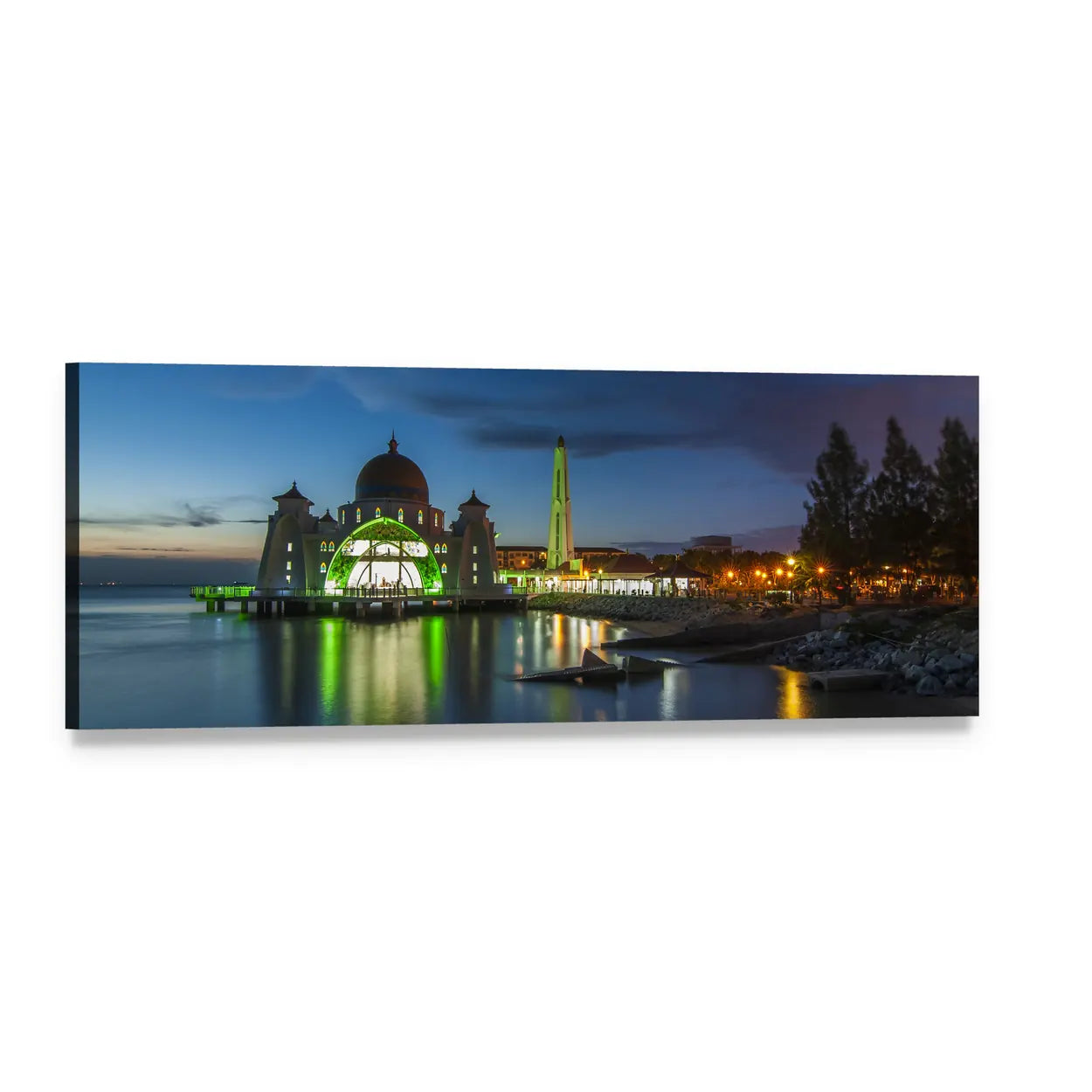 Melaka Straits Mosque Twilight Reflections Panoramic Canvas Wall Art, single panel gallery wrapped canvas, angled product view