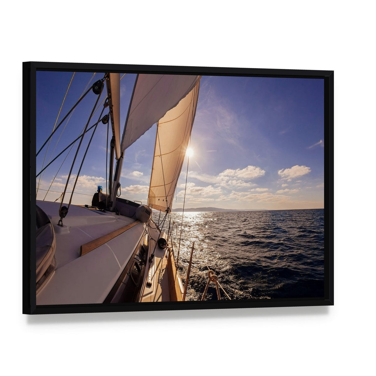 Sailing Boat Wide Angle View in the Sea Canvas Wall Art, framed canvas in a black floater frame, angled product view