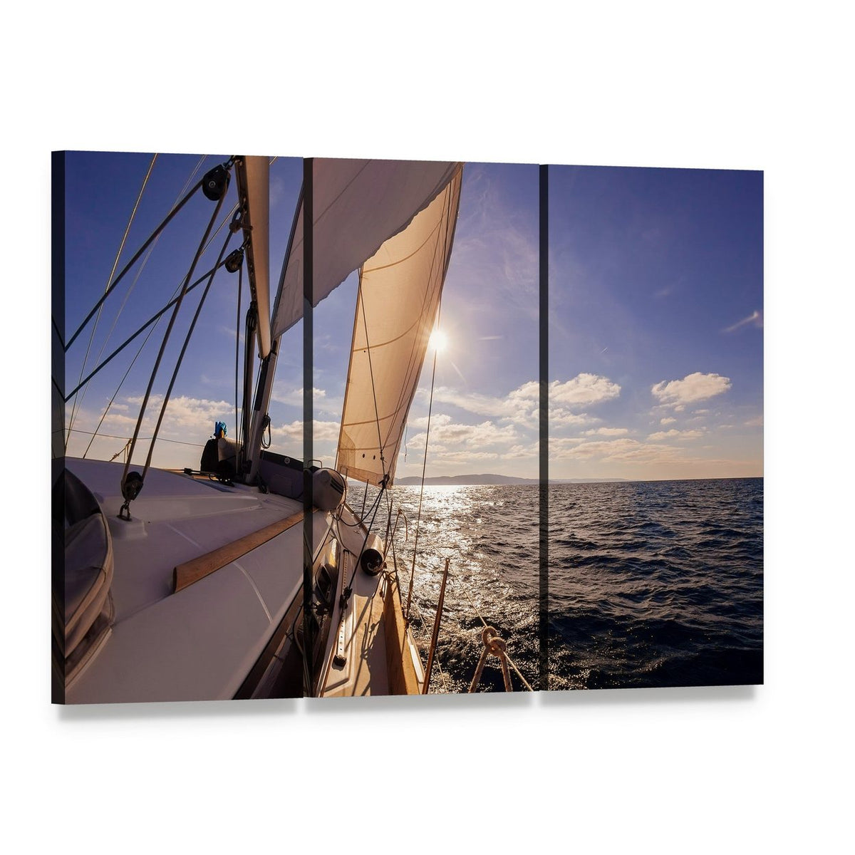 Sailing Boat Wide Angle View in the Sea Canvas Wall Art, 3 panel 3 Horizontal layout gallery wrapped canvas set, angled product view