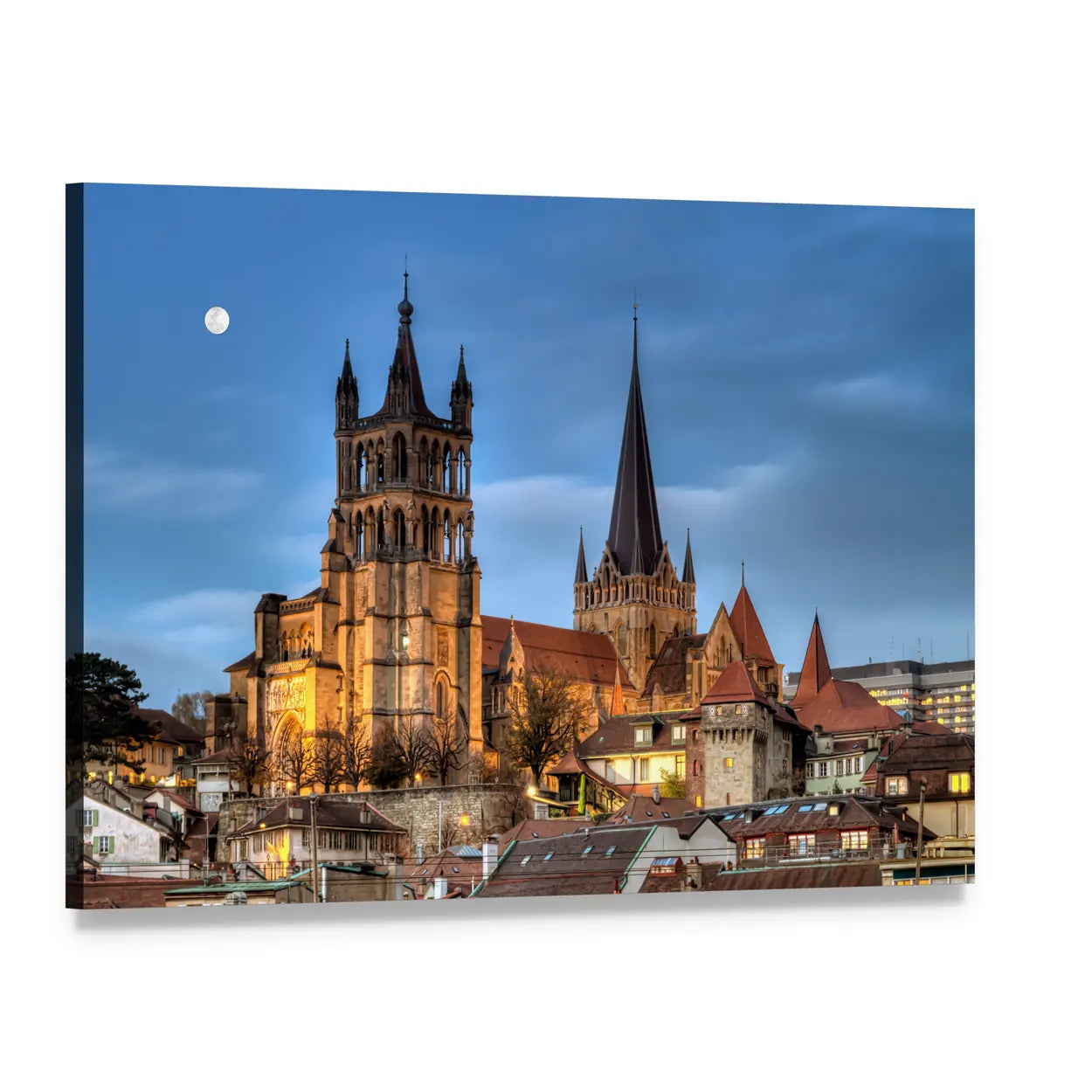 Lausanne Cathedral at Twilight Canvas Wall Art, single panel gallery wrapped canvas, angled product view