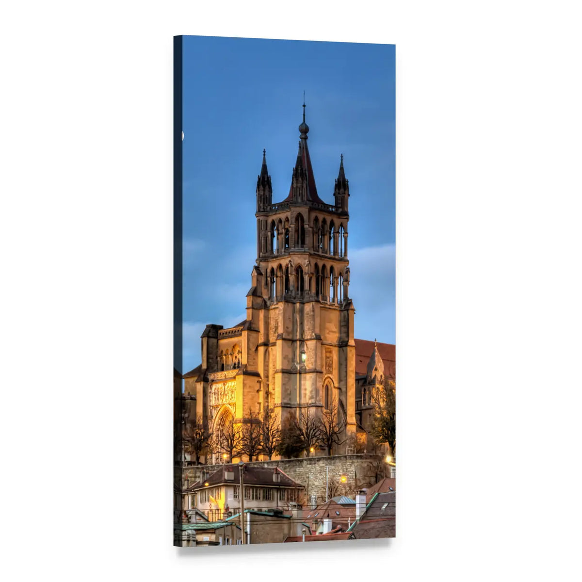 Lausanne Cathedral at Golden Hour Vertical Canvas Wall Art, 1 panel 1 Vertical layout gallery wrapped canvas set, angled product view